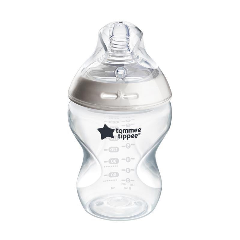 The Tommee Tippee Natural Start 1x 260ml Bottle is a clear, BPA-free baby bottle with a white lid and silicone nipple, featuring measurement markings and designed to mimic breastfeeding and help reduce colic.