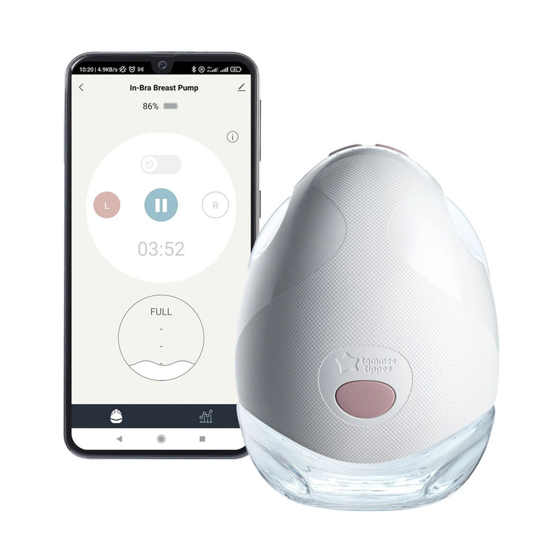 The Tommee Tippee Single Wearable Breast Pump is a wireless, hands-free breast pump with a white and clear design, shown beside a smartphone displaying the in-app controls for adjusting settings, tracking milk volume, and checking nipple alignment.