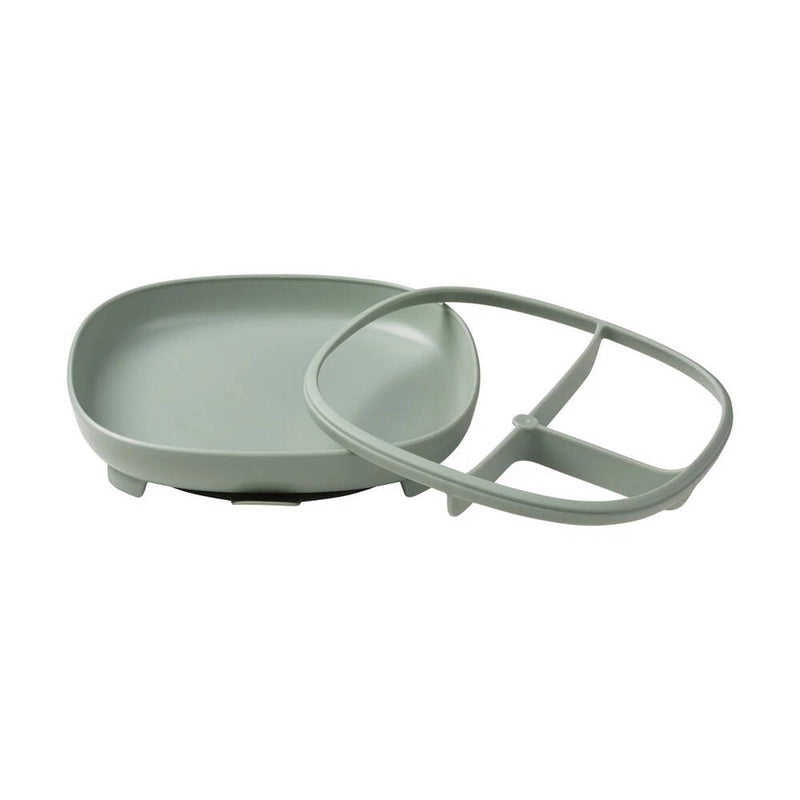 The b.box B.Box 2 In 1 Suction Plate Sage is a light gray, rectangular silicone baby plate with raised edges and a removable divider creating three sections, shown on a white background.