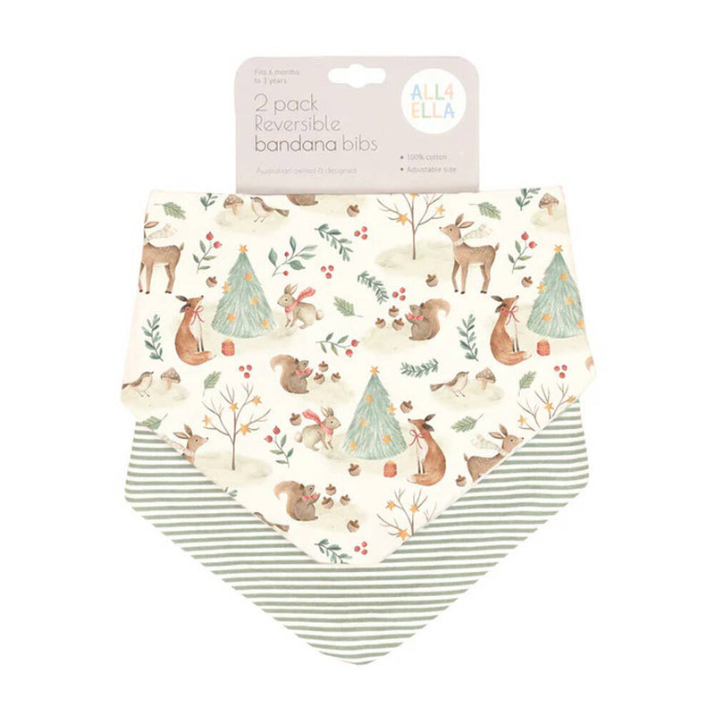 The All4Ella Bandana Bibs 2pk Christmas Limited Edition includes two reversible bibs: one with woodland animals and trees, the other with green and white stripes—perfect for baby’s first Christmas.