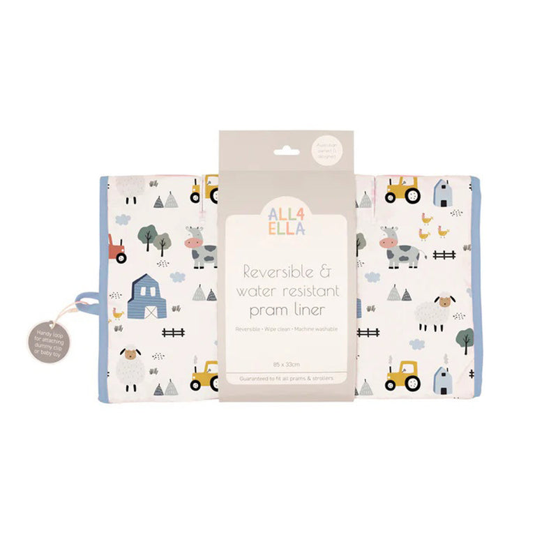 The All4Ella Pram Liner Barnyard features a cute farm animal print with cows, tractors, sheep, and trees on white. Packaged to highlight its universal stroller fit, this liner is also reversible and washable.
