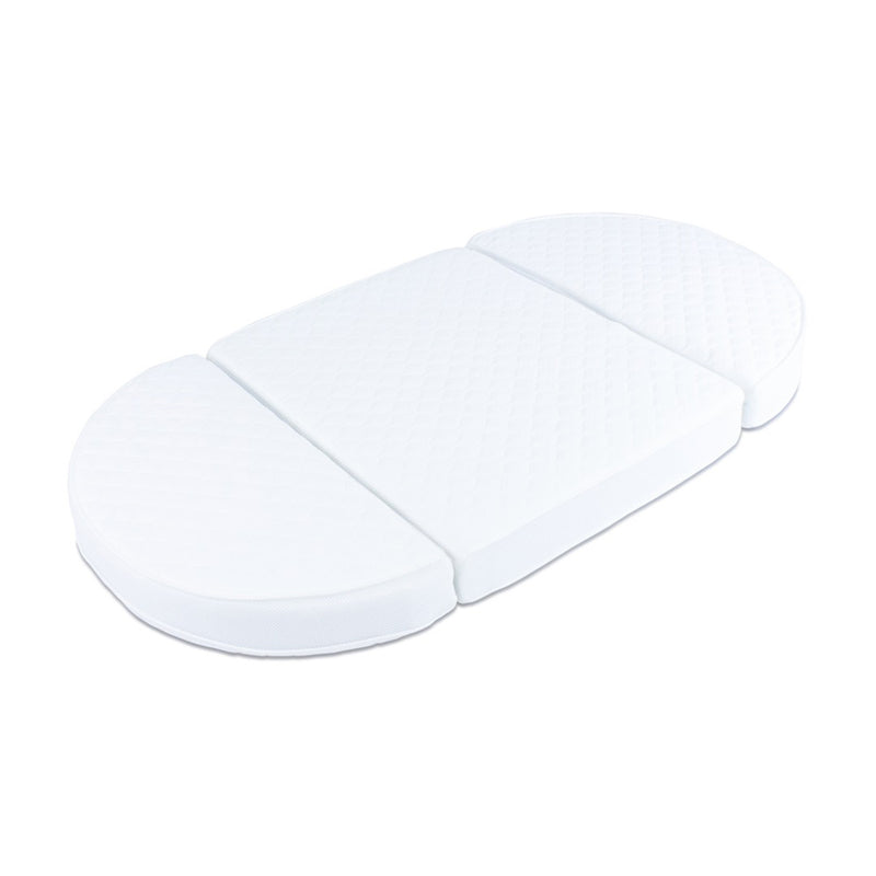 The Babyhood 3pc Breathe Eze Mattress Sova Cot Range [BUNDLE] ONLY is a white, three-panel foldable mattress with rounded ends and a quilted surface, shown on a plain white background.
