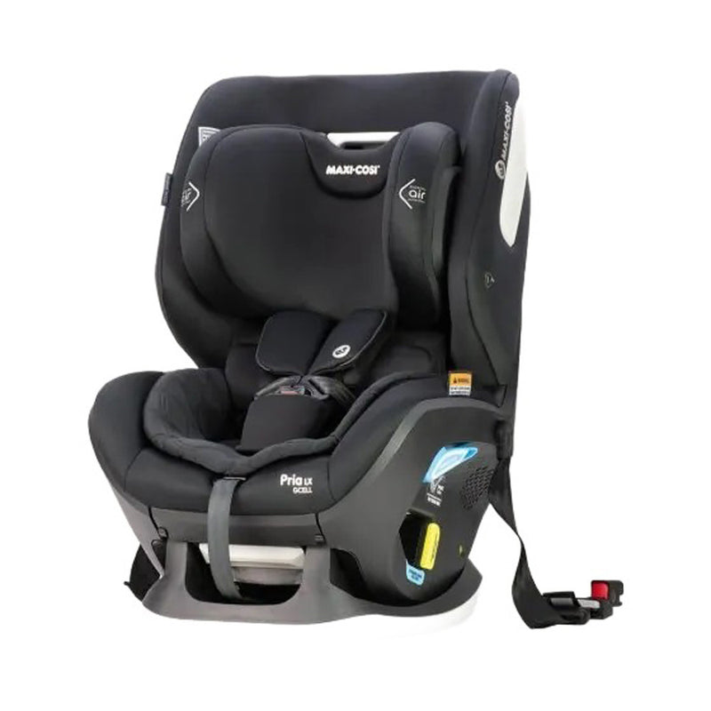 The Maxi Cosi Pria LX GCell isofix Convertible Car Seat by Maxi Cosi features head and side supports, a five-point harness, cup holder, safety labels, and Air Protect technology for added safety for infants and toddlers.