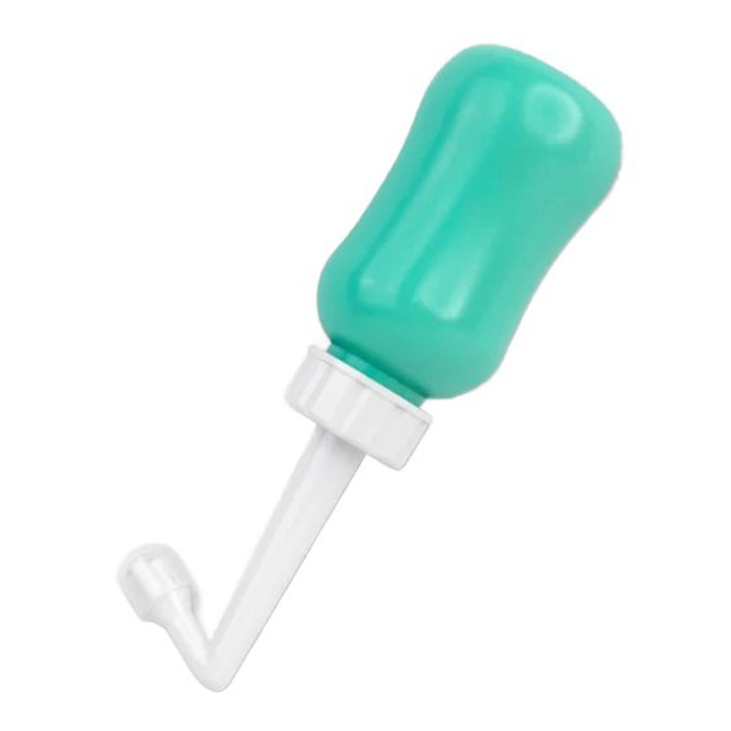The Birth Store Peri Bottle by The Birth Store is a green and white hand tool with a large handle and short angled shaft, designed for postpartum care and perfect for your hospital bag.