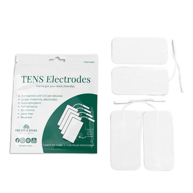 A pack labeled "The Birth Store Tens Electrode Pads" is shown next to four rectangular, white reusable electrodes with wires. The packaging mentions compatibility, self-adhesive 50x90mm size, and use with TENS machines by The Birth Store.