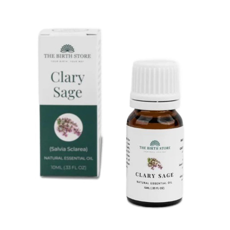 A box and a 10ml amber bottle labeled "The Birth Store Clary Sage Essential Oil" with botanical designs. Used for menstrual pain relief or labor support.
