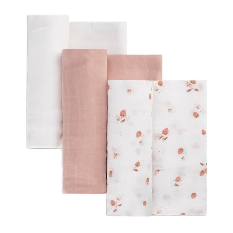 The Little Bamboo Muslin Wraps 3pk Dusty Rose includes three soft bamboo muslin baby wraps: one solid white, one dusty rose, and one with a delicate floral print.