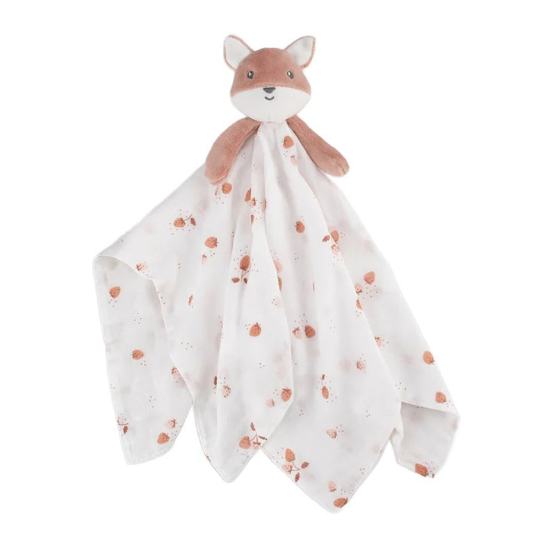 The Little Bamboo Lovie/Comforter Fifi The Fox by Little Bamboo is a soft bamboo muslin security blanket with a plush fox head and arms attached to a white cloth featuring brown fox faces and speckles.