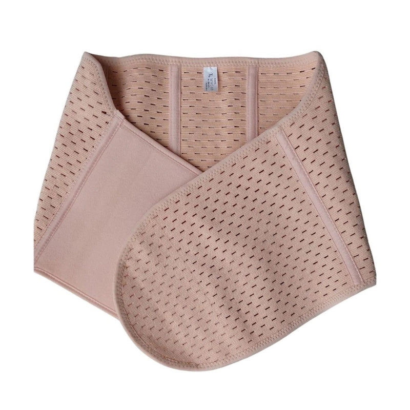 The Partum Panties Postpartum Support Band by Partum Panties is a beige, elastic abdominal compression belt with Velcro closure, small ventilation holes for breathability, and a fabric care label inside, shown laid flat on a white background.