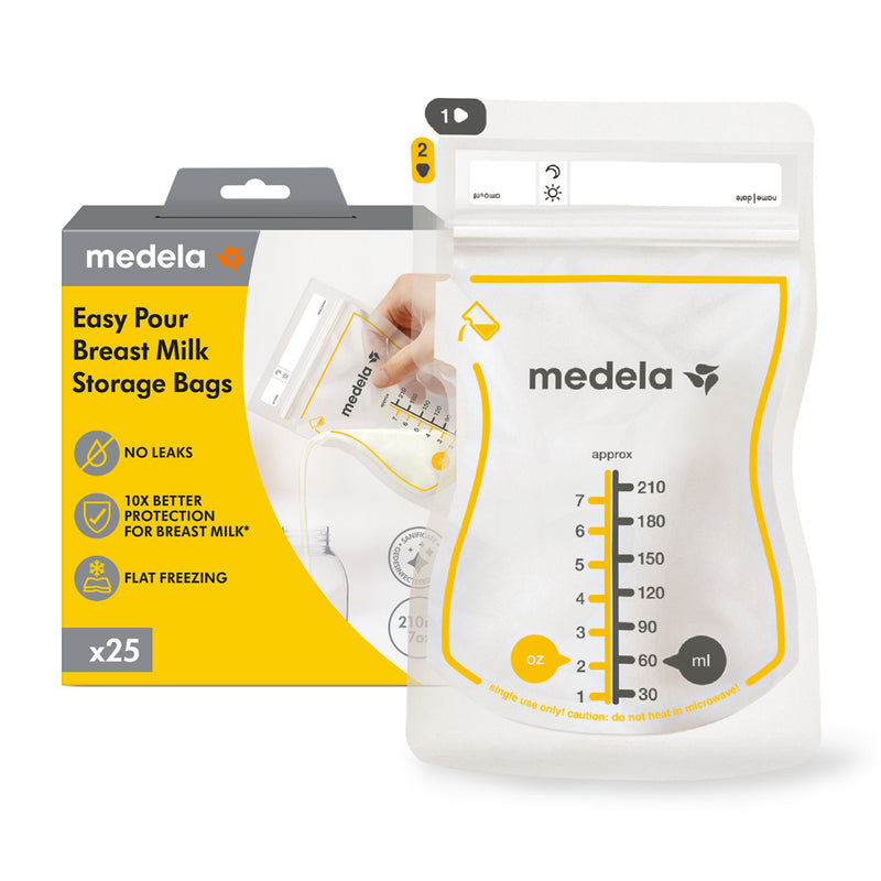 A box and a clear storage bag of Medela Easy Pour Breastmilk Storage Bags 25 Pack by Medela, with measurement markings, double zipper seal, “10x better protection,” and “no leaks” text, shown as milk is poured by hand.