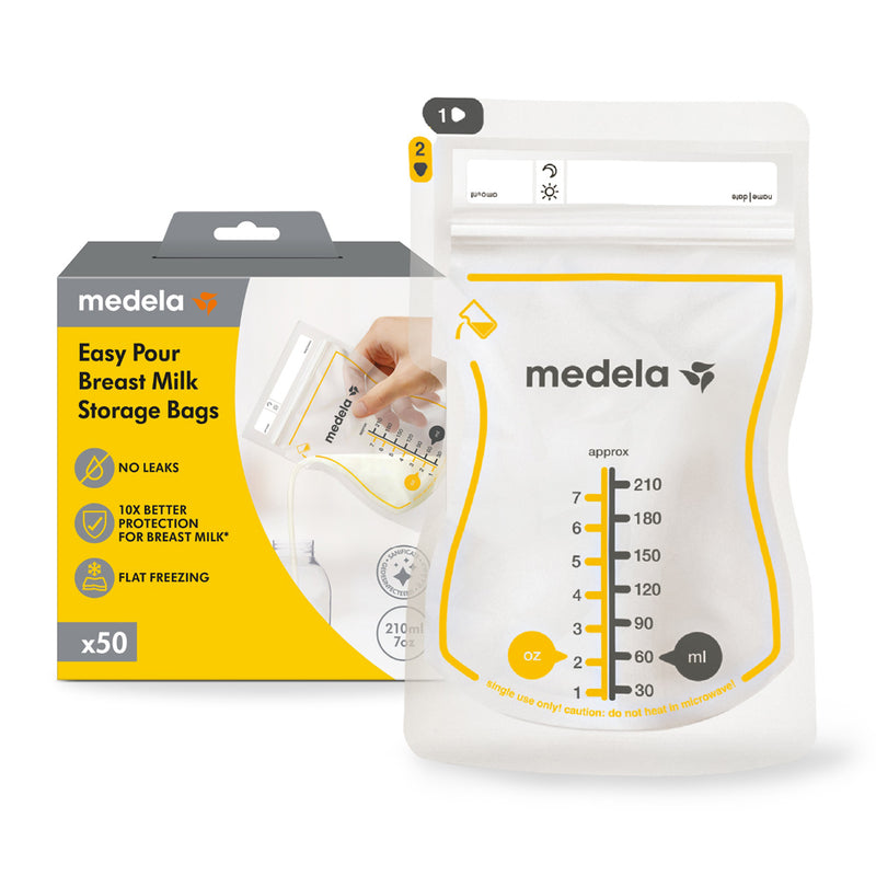 A Medela Easy Pour Breastmilk Storage Bag from the 50 Pack is shown beside its packaging. It features leakproof protection, an easy-pour design, and a 210ml capacity, with a hand demonstrating its convenient pouring.
