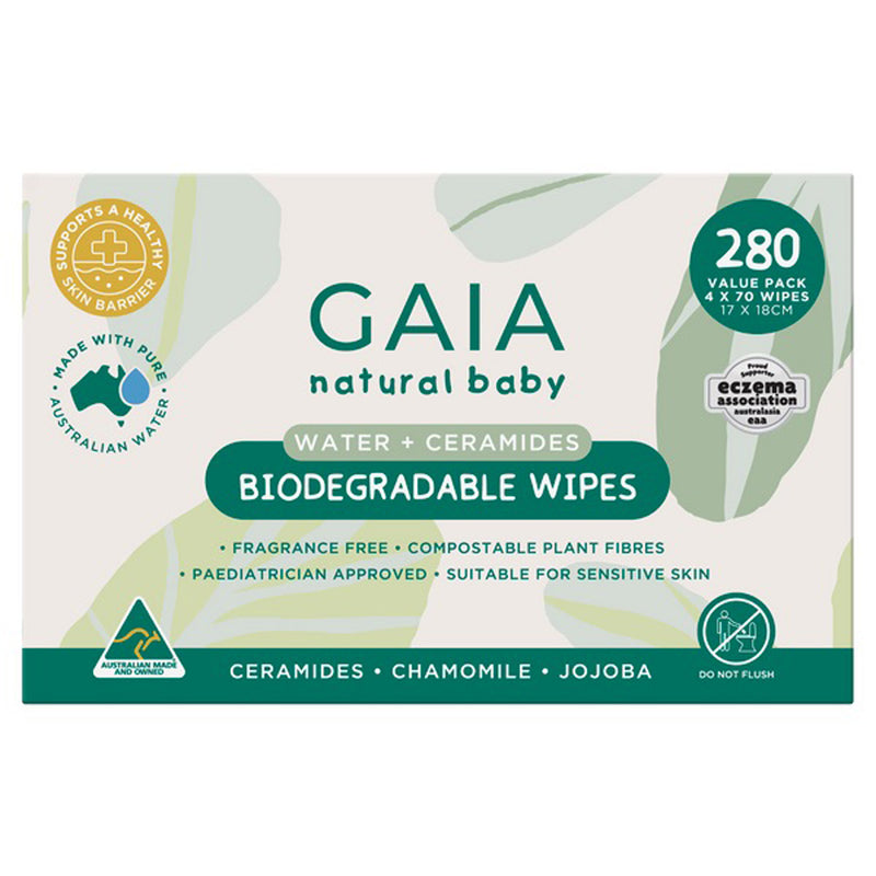 The Gaia Natural Baby Water Wipes & Ceramides 280pk by Gaia are gentle, fragrance-free, biodegradable wipes with water and ceramides. Compostable, paediatrician-approved packaging in a green and white design.