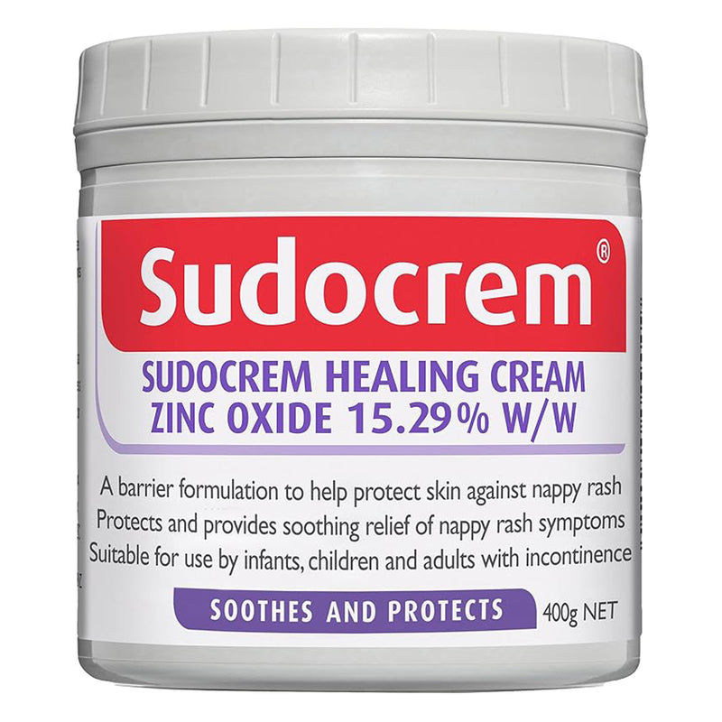 Sudocrem 400g contains Zinc Oxide 15.29% and is suitable for infants, children, and adults with incontinence. The label says it soothes and protects nappy rash and eczema.