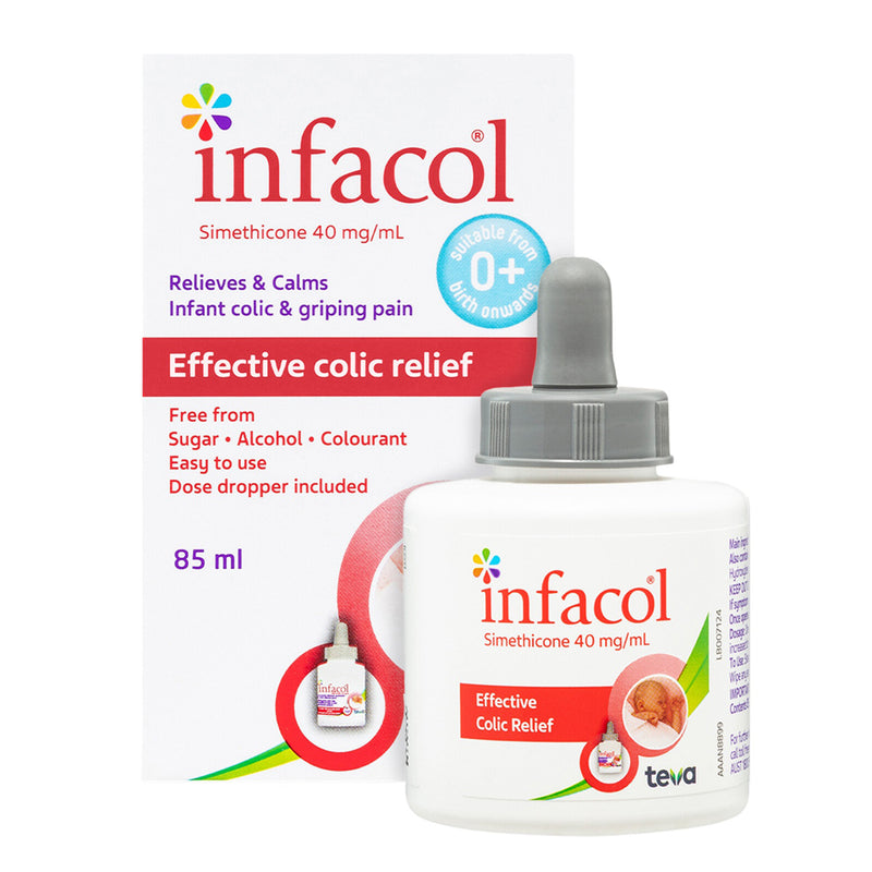 An 85ml bottle of Infacol Wind Drops with a dropper is shown in front of its box, which highlights relief from infant colic and griping pain. The packaging states it's free from sugar, alcohol, and colourant—ideal for easing baby wind.
