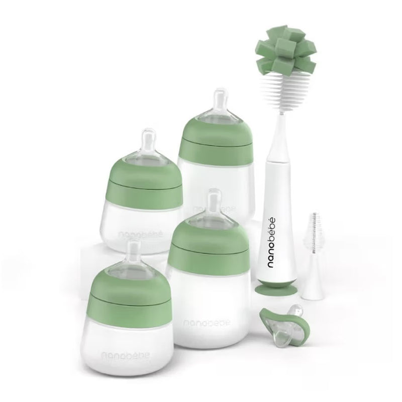 The Nanobebe Flexy Silicone Feeding Set Sage includes four bottles with sage lids, a white and sage bottle brush, a small cleaning brush, and a sage pacifier. These anti-colic bottles by Nanobebe are perfect for your baby.