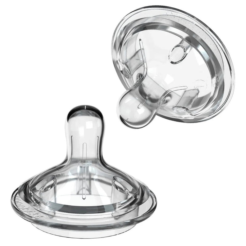 The Nanobebe Silicone Teats 2pk GEN 2 by Nanobebe are shown—one upright, one on its side—highlighting the rounded teat, wide base design, and anti-colic features with varied flow rates.
