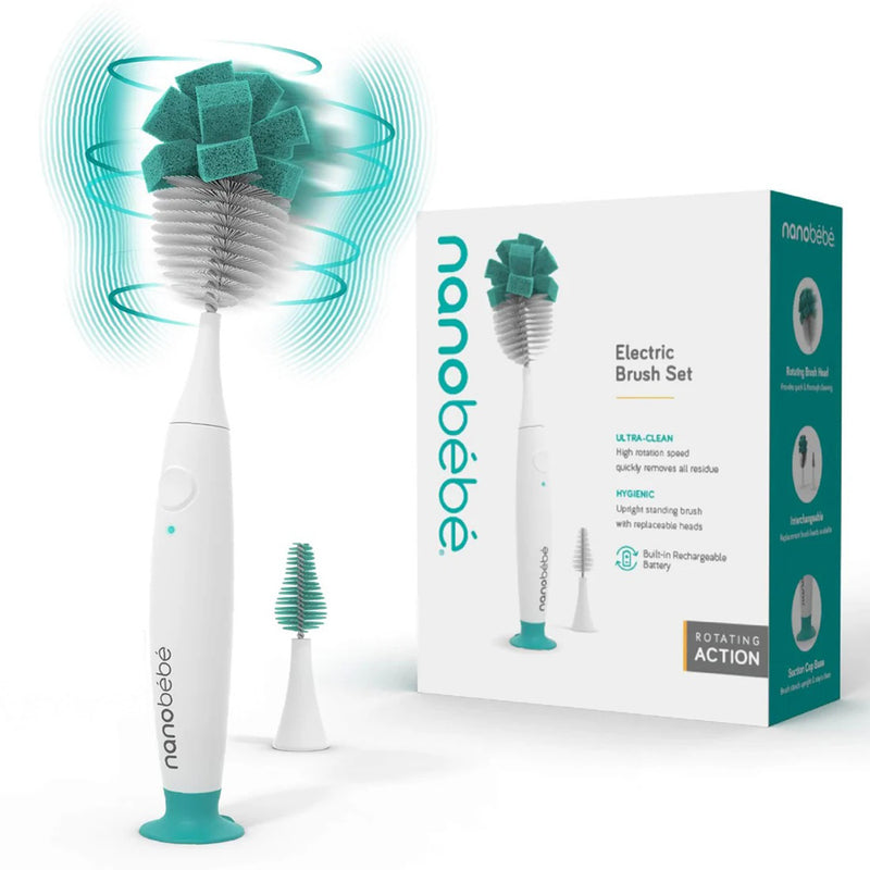 A white and teal Nanobebe Electric Brush with sponge bristles stands upright beside its packaging, which shows the product and brand name, highlighting features like rotating action and a rechargeable battery—your best bottle cleaner solution.