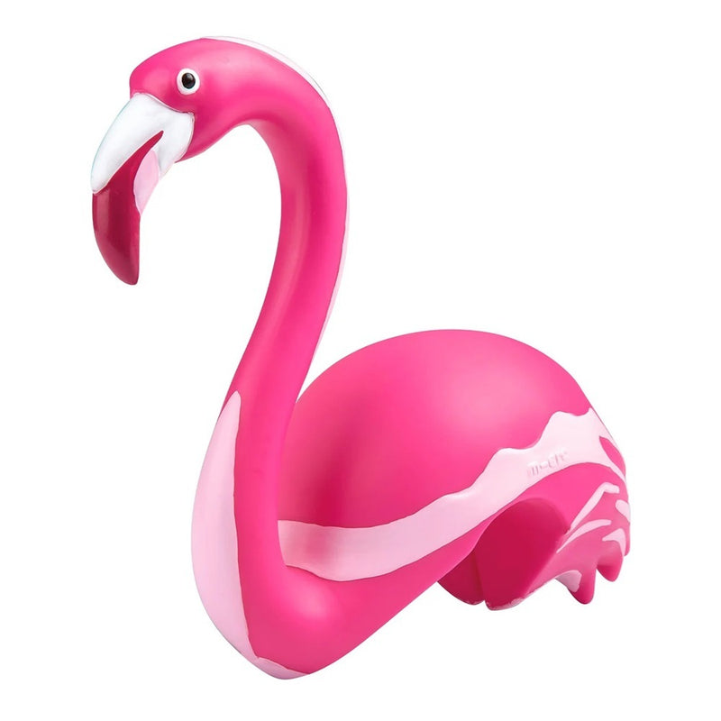 The Micro Scooter Buddy Pink Flamingo by Micro is a bright pink flamingo figurine with a curved neck, black eyes, and a white-tipped beak—perfect as a fun scooter accessory for kids, shown on a white background.