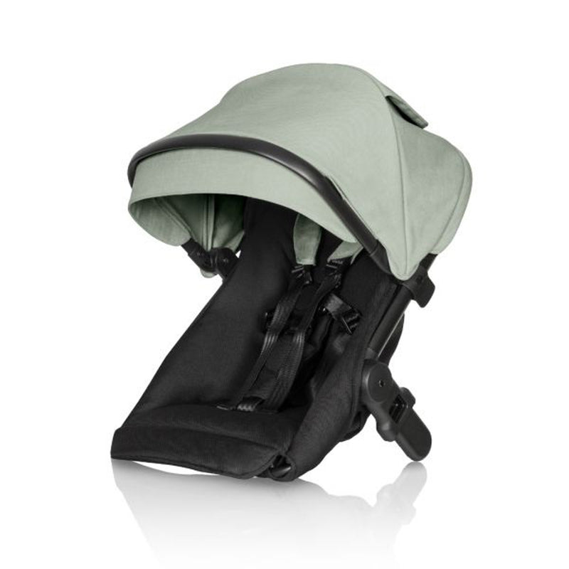 The Britax Safe-n-Sound One2 Second Seat in green and black features a canopy, adjustable straps, and reclining support for child safety in a tandem stroller frame. Shown on a white background.
