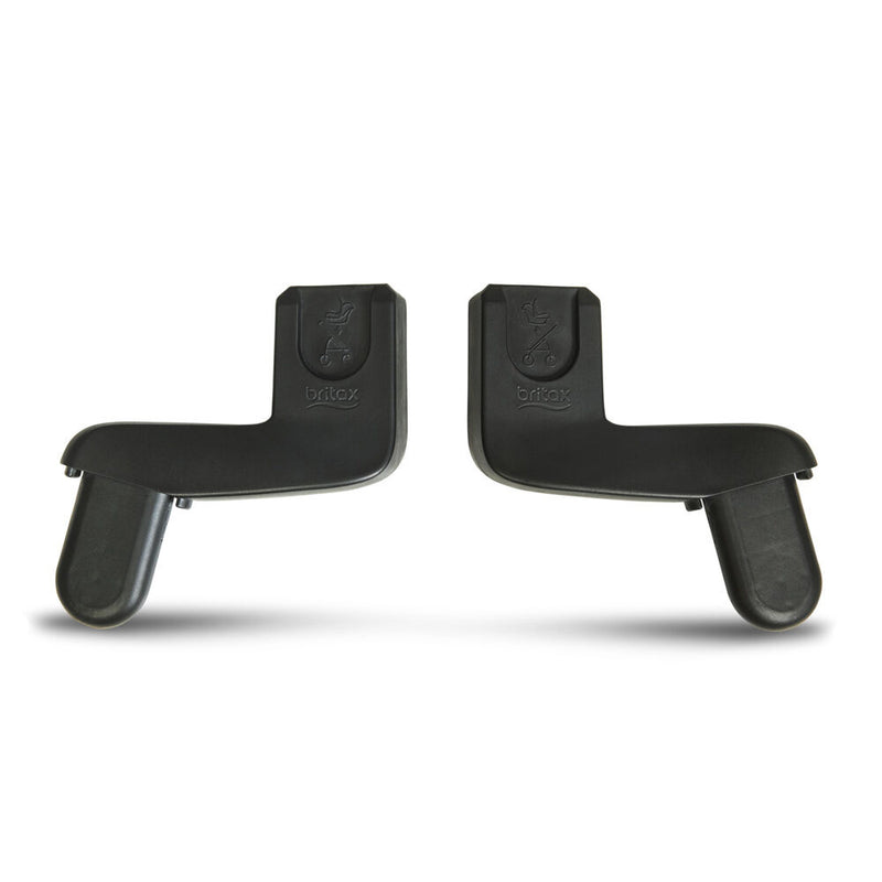 Two black Britax Safe-n-Sound Click & Go Baby Capsule Adaptors One2 are shown side by side on a white background. These L-shaped adaptors with rounded ends and embossed logos offer an ideal travel solution for your stroller.