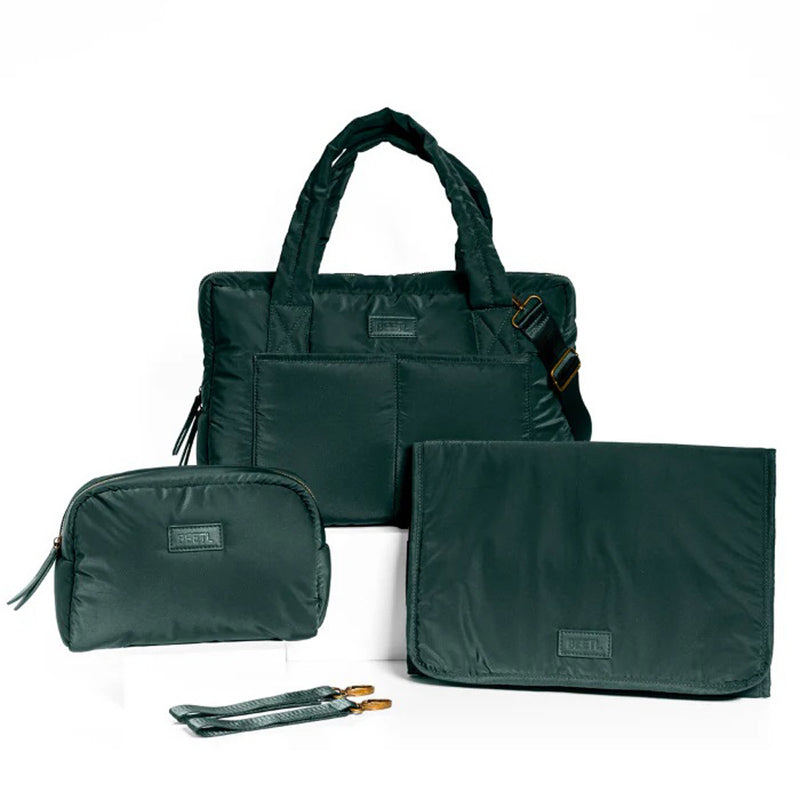 The BEETL Beetl Baby Bag set in dark green features a tote with handles and shoulder strap, a zippered pouch, an envelope-style bag, and a small gold-accented strap—ideal as a lightweight baby bag or for pram storage. Shown on a white background.