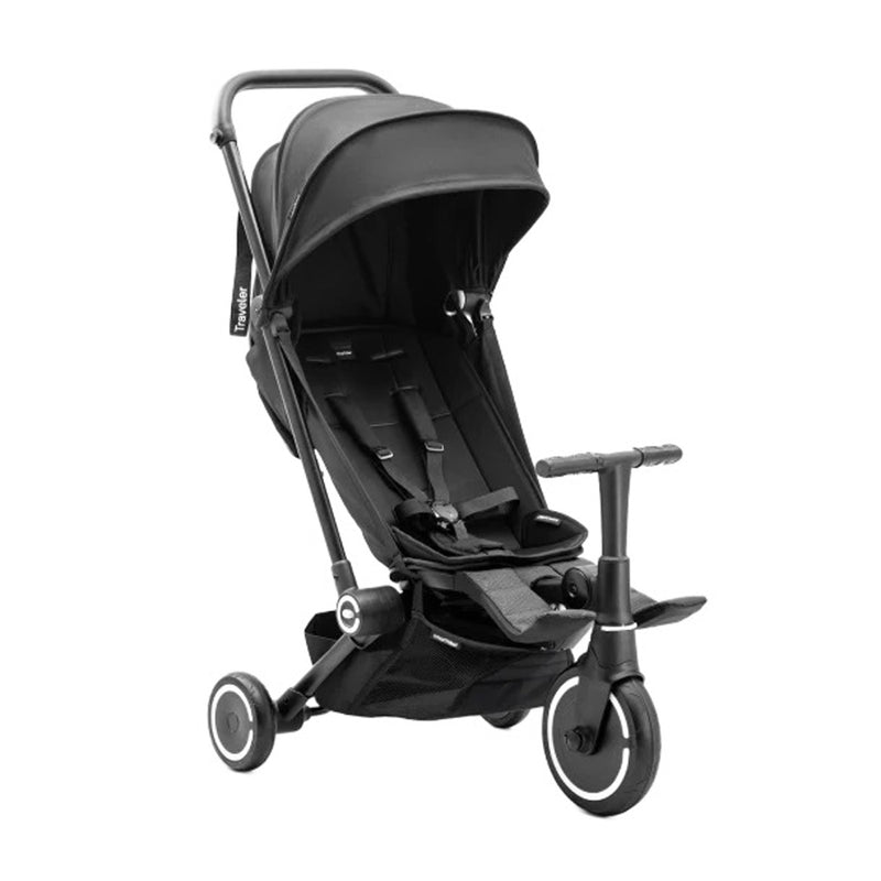 The SmarTrike Traveller 4 in 1 Convertible Stroller by SmarTrike is a black trike for toddlers, featuring a foldable canopy, harness, handlebar, recliner seat, front wheel, and stable back wheels for comfort and safety.