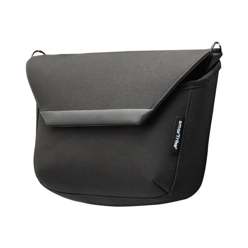 A sleek black rectangular Smartrike Organiser by SmarTrike with a flap closure and a small branded tag, designed as a stroller organiser, photographed against a white background.
