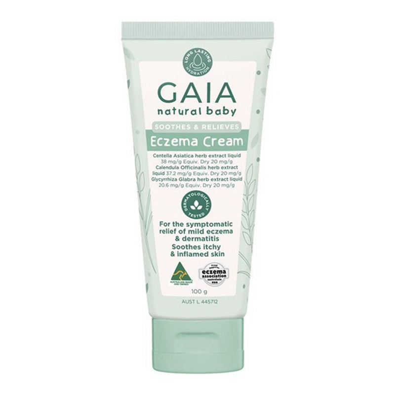 Gaia Natural Baby Eczema Cream 100g provides steroid-free relief for mild eczema and dermatitis symptoms. Presented in a green and white tube with botanical designs, this Gaia skincare product gently soothes sensitive skin.