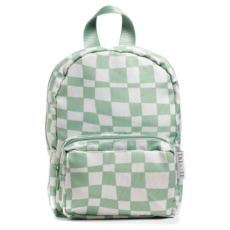 The IZIMINI Izimini Parker Backpack is a mint green and white checkered kids' backpack featuring a top handle, front zippered pocket, adjustable shoulder straps, and a small vertical "MINI" tag on the side.