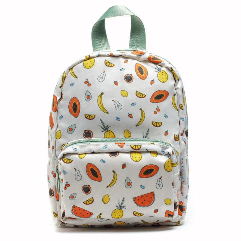 The IZIMINI Clementine Backpack by IZIMINI is a small white mini backpack with a mint green handle and zipper, featuring colorful fruit prints and adjustable shoulder straps for a comfortable toddler fit.