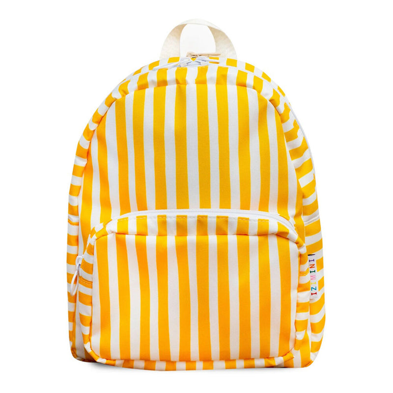 The IZIMINI Izimini Brighton Backpack features vertical yellow and white stripes, a front pocket with a white zipper, a top white carrying handle, and adjustable shoulder straps for comfort.
