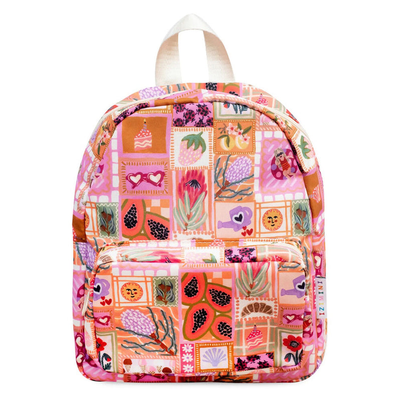 The IZIMINI Izimini Amy Backpack is a vibrant mini backpack with pink, orange, and purple patchwork featuring floral and heart motifs, plus a cream top handle and adjustable straps—perfect as a toddler bag for little adventurers.