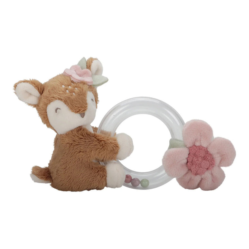 The Little Dutch Rattle Ring Deer Fairy Garden by Little Dutch features a plush deer holding a clear rattle ring with small beads and an attached soft pink flower, encouraging hand-eye coordination with cute flower and leaf details.