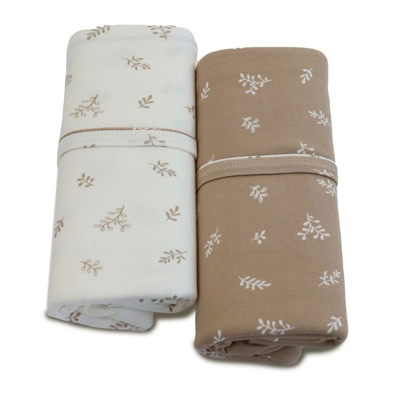 The Bubba Blue Organic Chestnut 2pk Jersey Wraps feature two soft organic cotton baby wraps—one white, one light brown—with a white leafy branch design, side by side on a white background. Perfect for swaddling with signature Australian style.