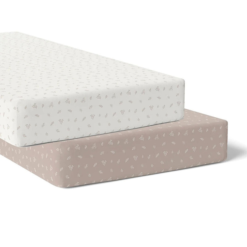 The Bubba Blue Organic Chestnut 2pk Cot Fitted Sheets—a white and a light brown sheet, each with a subtle floral print—are stacked offset on a plain background, perfect for your baby bedding or pairing with organic cot sheets.