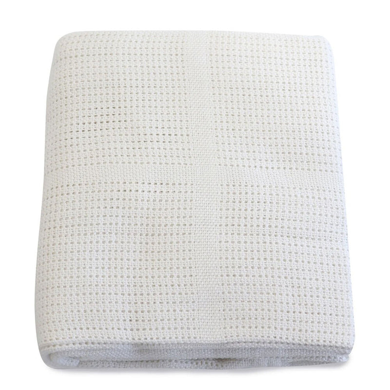 The Bubba Blue Bamboo White Cellular Cot Blanket, featuring a waffle weave and grid pattern, is neatly folded on a plain white background.