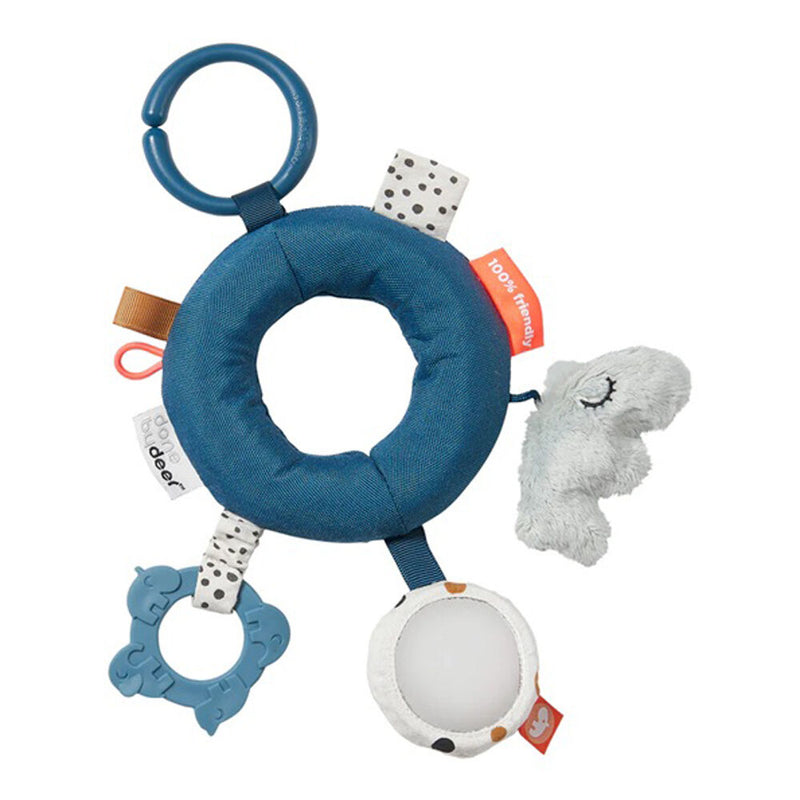 The Done By Deer Activity Ring Deer Friends Blue by Done By Deer features a blue ring with a plush elephant, fabric tags, patterned tabs, soft teether, and clip—perfect for engaging your baby’s senses through interactive play.