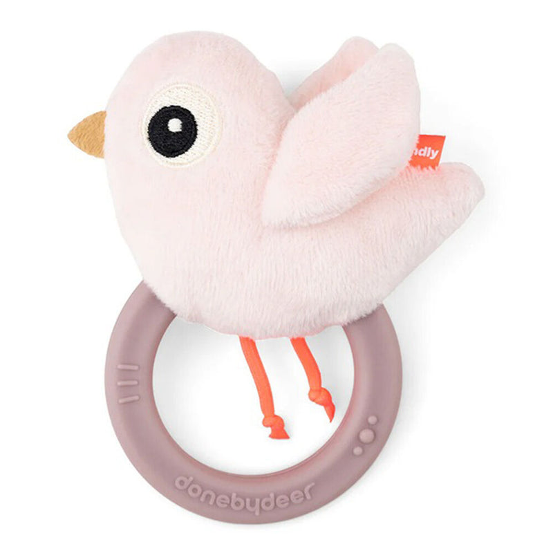 The Done By Deer Sensory Rattle W/Teether Birdee Powder is a soft pink plush bird on a mauve teething ring, labeled "donebydeer." This rattle and teether is easy for babies to grasp, making it perfect for sensory exploration.