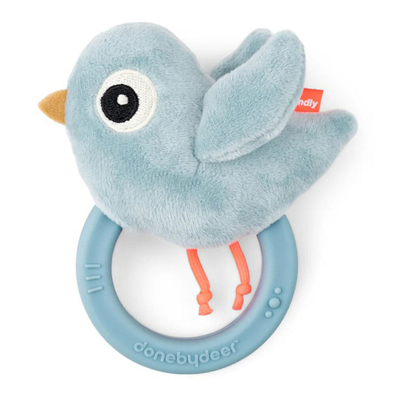 The Done By Deer Sensory Rattle W/Teether Birdee Blue is a soft plush bird with orange legs on a blue teething ring. It features small indents for easy grip, a fabric tag, an embroidered eye, and is perfect as a sensory toy for babies.