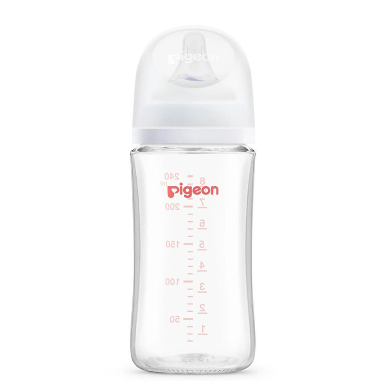 The Pigeon Softouch BPP Glass Bottle by Pigeon features a silicone nipple, white lid, and red markings in milliliters and ounces—designed to provide a natural breastfeeding bottle experience.