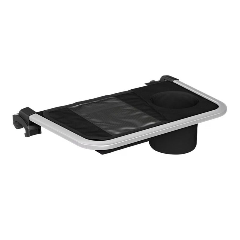 The Thule Organizer Single & Double is a black and silver stroller accessory with a cup holder, mesh section, and zippered pocket that attaches to your stroller bar. Part of Thule's child carrier accessories collection.