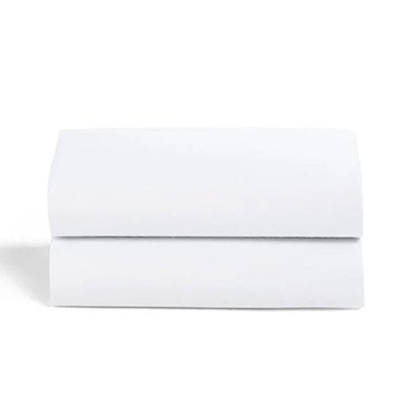 A pair of neatly folded Snuz Snuzpod 5 Fitted Sheets (2pk) in white, designed for the SnüzPod bedside crib, displayed on a plain white background.