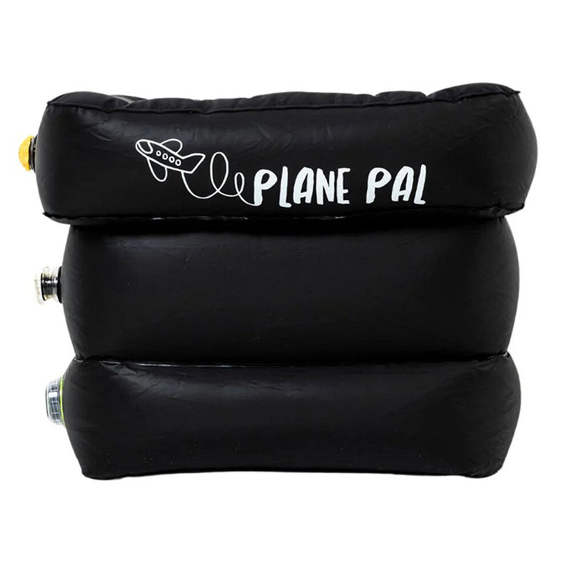 The Plane Pal Self Inflating Pillow by Plane Pal is a black, three-section inflatable travel pillow labeled "PLANE PAL" with an airplane graphic, designed for comfortable journeys.