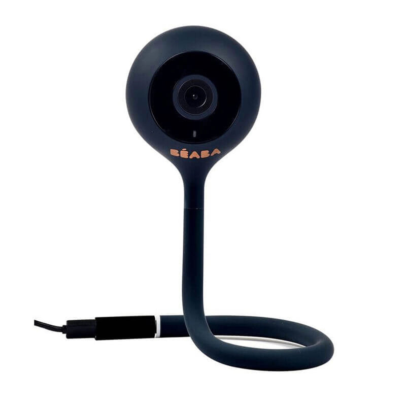 The Beaba Video Baby Monitor Zen Connect Night Blue, featuring a flexible stem, circular lens, night vision, and "BÉABA" branding on the front, is shown plugged in with its power cord against a white background.