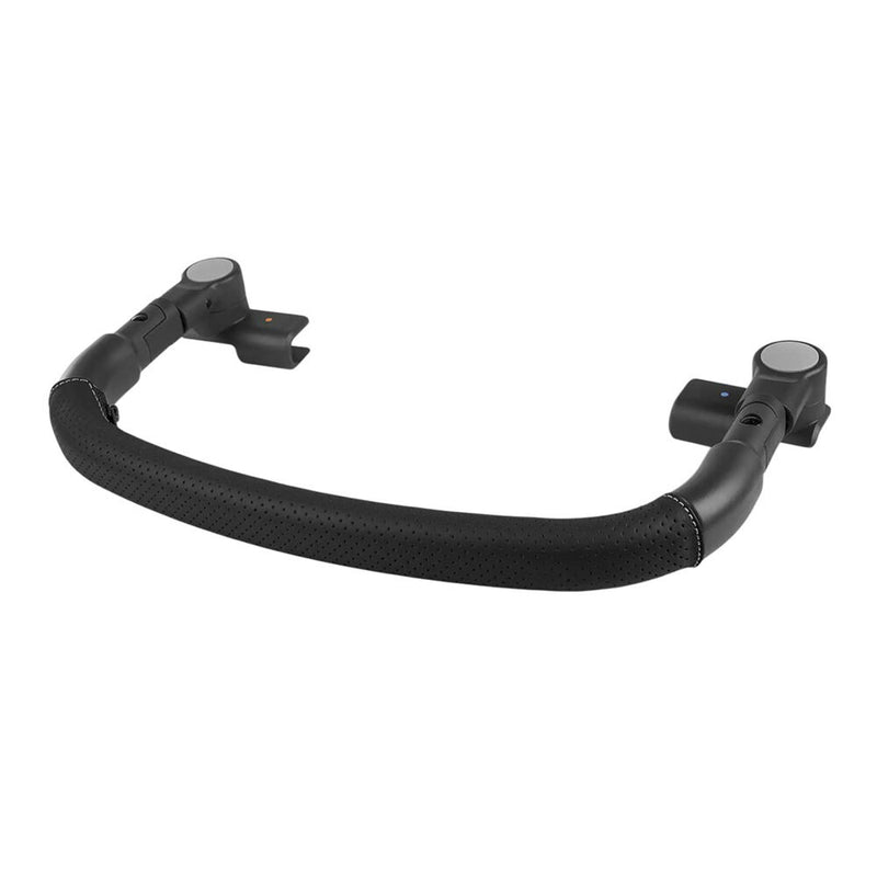 The UPPAbaby Minu V3 Bumper Bar is a black, curved stroller accessory with dual attachment clips, made from REACH certified leather for enhanced safety and support on your UPPAbaby stroller.
