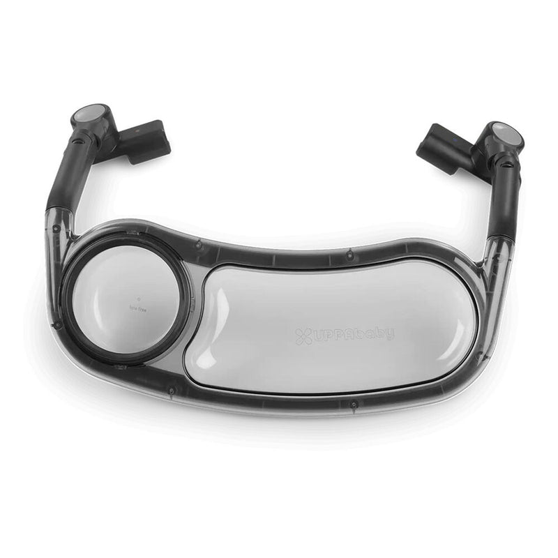 The UPPAbaby Minu V3 Snack Tray features black and clear plastic, a left cup holder, and a right flat tray, designed to easily attach to your UPPAbaby Minu V3 stroller.