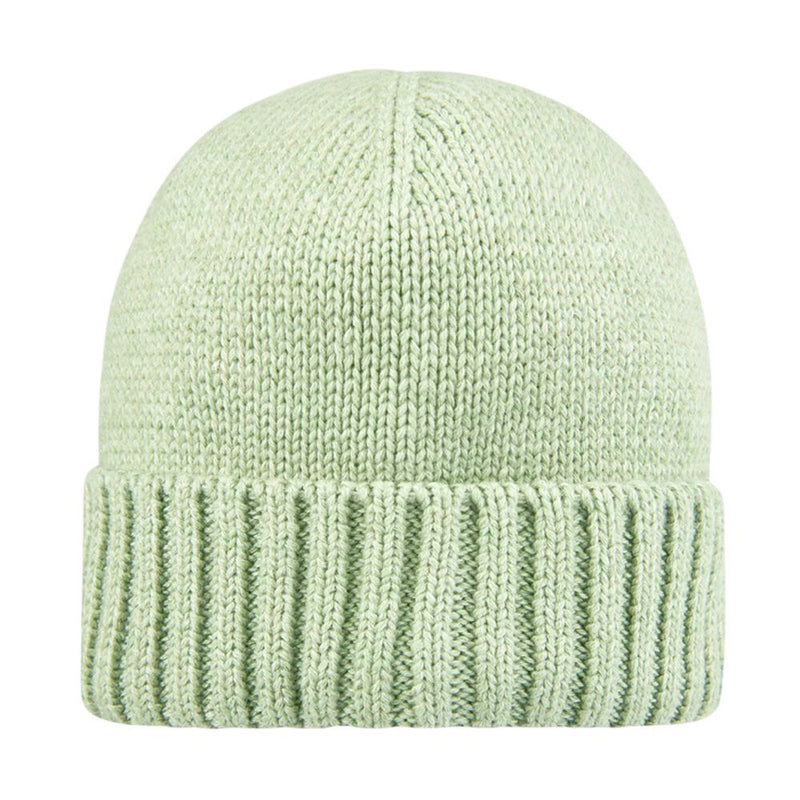 The Toshi Organic Beanie Rover in Matcha is a light green, gender-neutral beanie with a wide ribbed folded brim, crafted from soft organic cotton and shown against a plain white background.