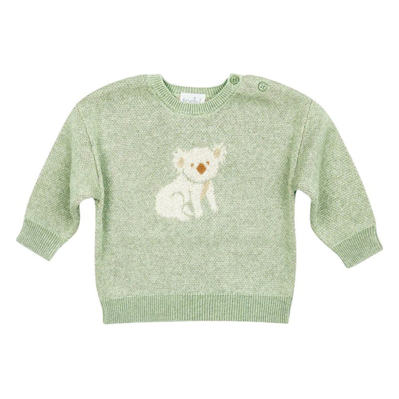 The Toshi Organic Pullover Storytime/Koala by Toshi is a light green, long-sleeve baby pullover with two shoulder buttons and a white-brown koala bear design, made from 100% organic cotton for comfort and softness.