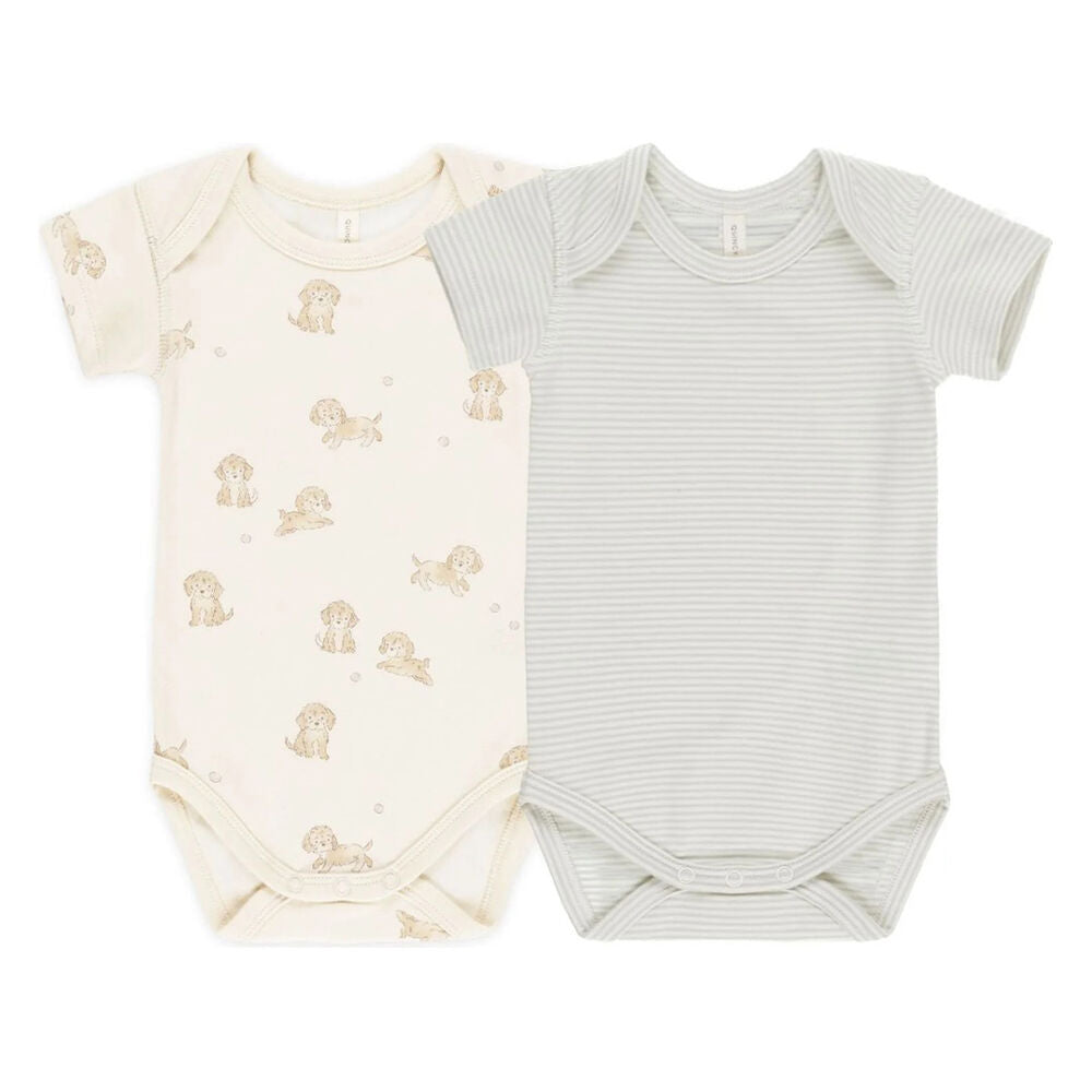 Quincy Mae Short Sleeve Bodysuit, 2 Pack Puppies, Blue Stripe