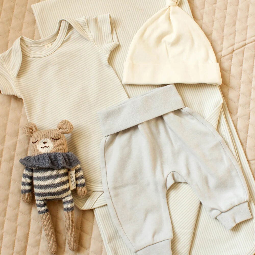 Quincy Mae Short Sleeve Bodysuit, 2 Pack Puppies, Blue Stripe